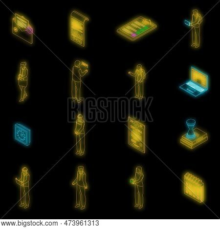 Assignment Icons Set. Isometric Set Of Assignment Vector Icons Neon Color On Black