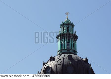 Low Angle View Of Church Against Clear Blue Sky