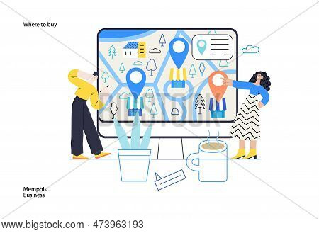 Memphis Business Illustration. Where To Buy -modern Flat Vector Concept Illustration Of People Looki