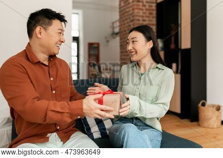Loving Asian Man Giving Birthday Gift To Her Lovely Wife, Having Marriage Anniversary Celebration, E