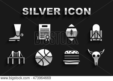 Set Basketball Ball, Rocket Launch From The Spaceport, Buffalo Skull, Burger, Golden Gate Bridge, Am