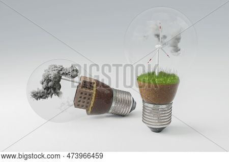 Lightbulbs With Minature Wind Turbine And Coal-fired Power Station  Inside; Green Soil And Clouds; P
