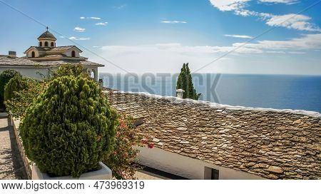 View To Aegean Sea From Monastery Of Archangel Michael On Thassos Or Thasos Greek Island Summer Dest