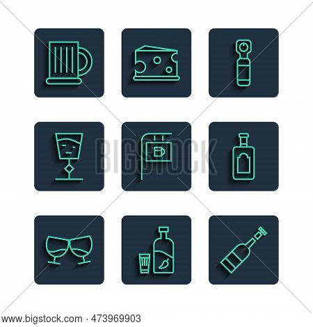 Set Line Glass Of Cognac Or Brandy, Vodka With Pepper Glass, Opened Bottle Wine, Bottle Opener, Stre