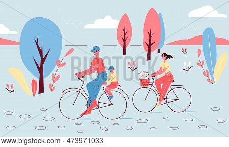 Family Traveling On Bike. Parents, Children And Dog In Bascet. World Bicycle Day. Vector