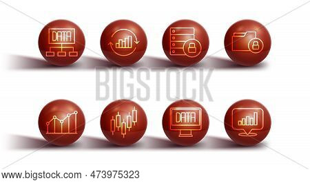 Set Line Data Analysis, Pie Chart Infographic, Folder And Lock, Browser With Stocks Market, And Serv