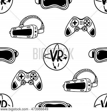 Vr Gadgets Seamless Vector Pattern. Glasses Of Virtual And Augmented Reality. Joystick, Move Control