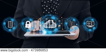 Business Woman Holding Tablet With Online Cloud Documentation Database And Document Management Syste