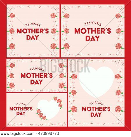 Heart Frame Of Carnation Flower On Red Background, Happy Mother's Day