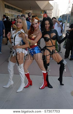 Paula Labaredas as Barbarella, Phoebe Price as Wonder Woman and Alicia Arden as Aeon Flux at San Diego Comic Con, San Diego Convention Center, San Diego, CA. 07-24-10