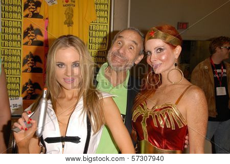 Paula Labaredas as Barbarella, Lloyd Kaufman and Phoebe Price as Wonder Woman members at San Diego Comic Con, San Diego Convention Center, San Diego, CA. 07-24-10