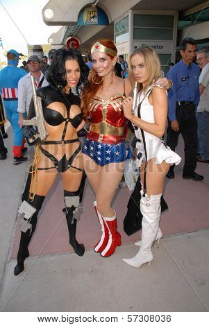 Alicia Arden as Aeon Flux, Phoebe Price as Wonder Woman and Paula Labaredas as Barbarella at San Diego Comic Con, San Diego Convention Center, San Diego, CA. 07-24-10
