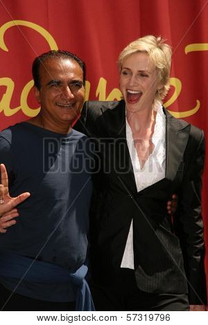 Iqbal Theba and Jane Lynch at the unveiling of the Jane Lynch Wax Figure, Madame Tussauds, Hollywood, CA, 08-04-10