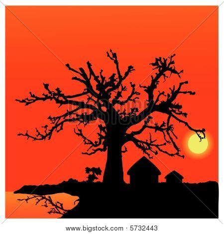Fondo de puesta de sol de África: aldea africana