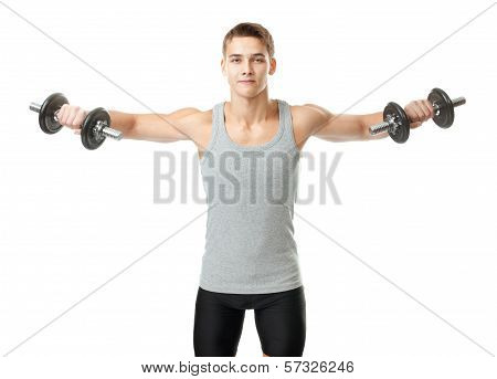 Fit Man Exercising With Dumbbells