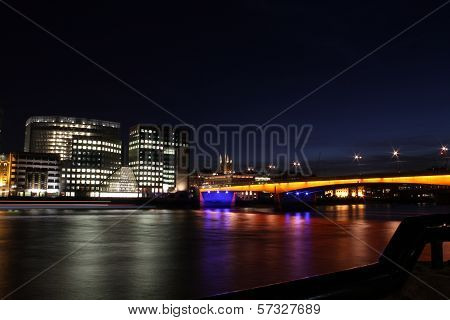 London nightscape and coloured bridge