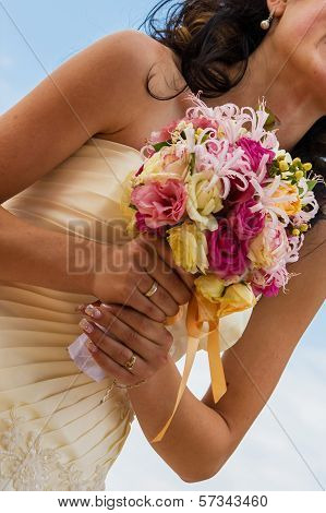 Bride And Bouquet. Wedding Bouquet. Bouquet In The Hands Of The Bride. Bride Holding A Wedding Bouqu