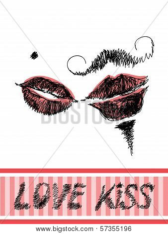 Minimalistic Valentine Greetings Card With Hand Drawn Kissing Lips.