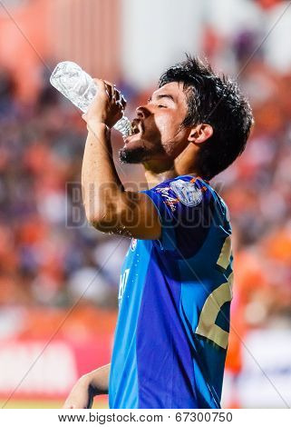 Sisaket Thailand-june 21: Kroekrit Thaweekarn Of Singhtarua Fc. Drinking Water During Thai Premier L