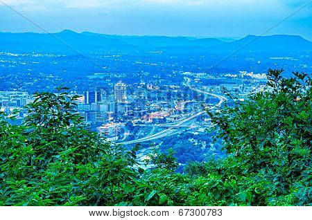 Roanoke City As Seen From Mill Mountain Star At Dusk In Virginia, Usa.