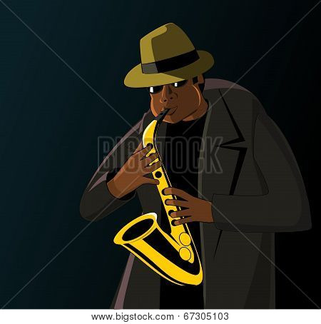 Cartoon jazzman playing on a saxophone