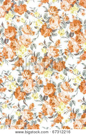 Orange Rose Fabric Background, Fragment Of Colorful Retro Tapestry Textile Pattern With Floral Ornam