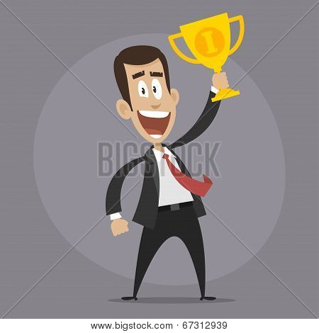 Character businessman winner holds cup