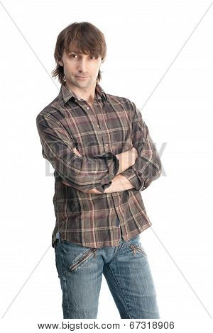 Casual Young Man In Plaid Shirt Isolated On White Background