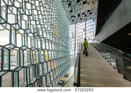 REYKJAVIK, ICELAND - AUGUST 31, 2013: Interior of Harpa concert hall, Reykjavik, Iceland. Harpa was opened on May 13, 2011. It was selected as Best Performance Venue 2011 by Travel & Leisure magazine