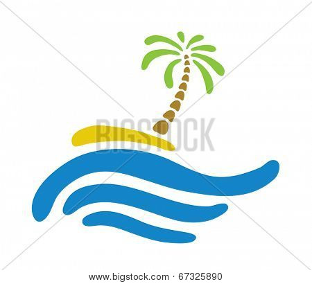Tropical palm on island with sea. Vector illustration.