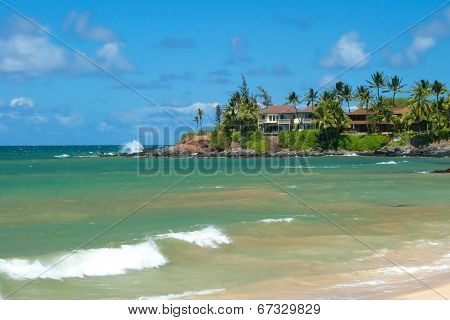 Luxury House On Untouched Sandy Beach With Palms Trees And Azure Ocean In Background Panorama
