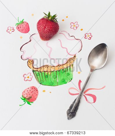vintage spoon and painted watercolor cupcake