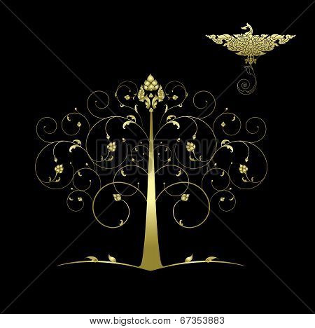 Gold tree with bird in Thai art style