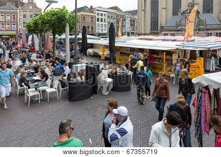 People Shopping At A  Market Of Zwolle In The Netherlands