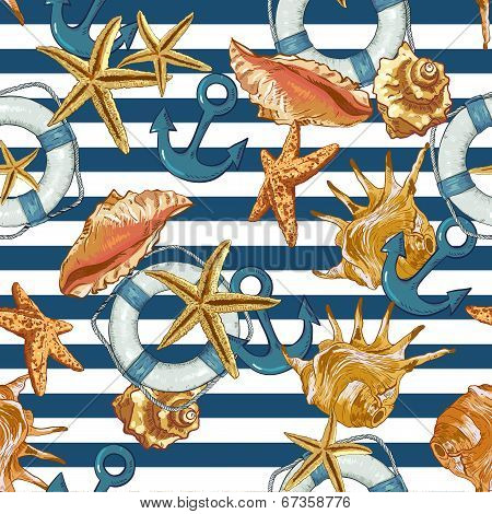 Summer Seamless Pattern with Sea Shells, Anchor