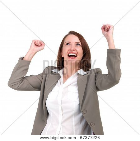Winner Business Woman With Her Hands Raised