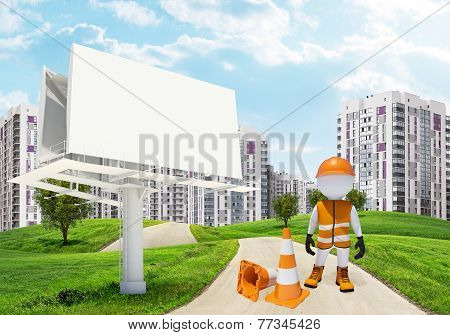 Three-dimensional worker by billbord on road running through green hills towards sity
