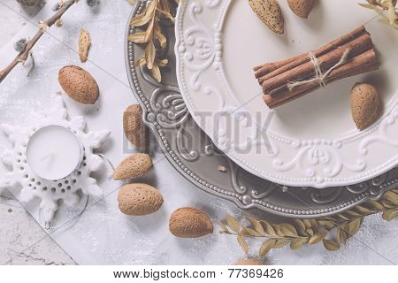 Christmas Decoration Table Servise With Almonds, Cutlery And Other Details