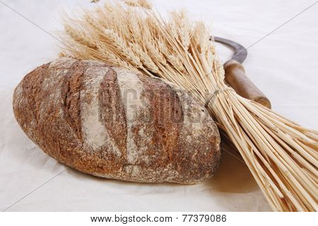 bunch of mown wheat ears with vintage handmade reaper hook sickle and rye dark french fresh bread loaf on white linen tablecloth