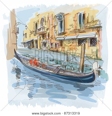 Venice - Calle Fondamenta Megio. Ancient building & gondola