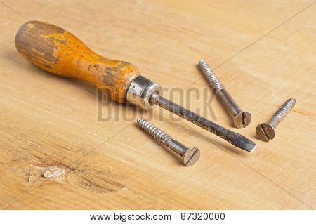 Vintage Screw-driver On Wooden Board