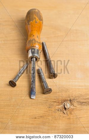 Vintage Screw-driver On Wooden Board