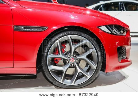 NEW YORK - APRIL 1: Jaguar exhibit Jaguar XE at the 2015 New York International Auto Show during Press day,  public show is running from April 3-12, 2015 in New York, NY.