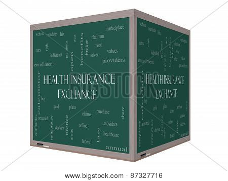 Health Insurance Exchange Word Cloud Concept On A 3D Cube Blackboard