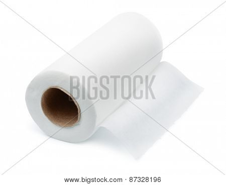 Roll of disposable nonwoven fabric towels isolated on white