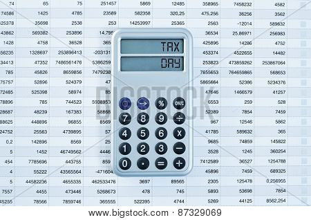 high-angle shot of a calculator with the text tax day in its display on a balance sheet