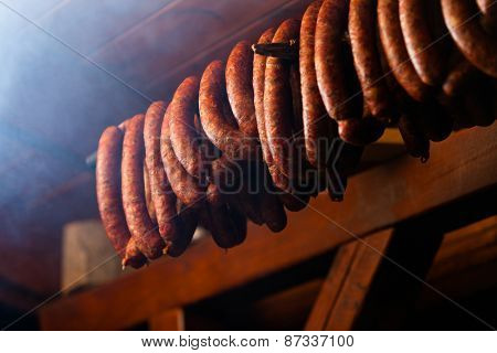 Traditional Food. Smoked Sausuages In Smokehouse.