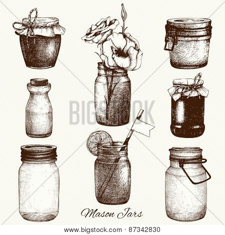 Vector collection of ink hand drawn mason jars.