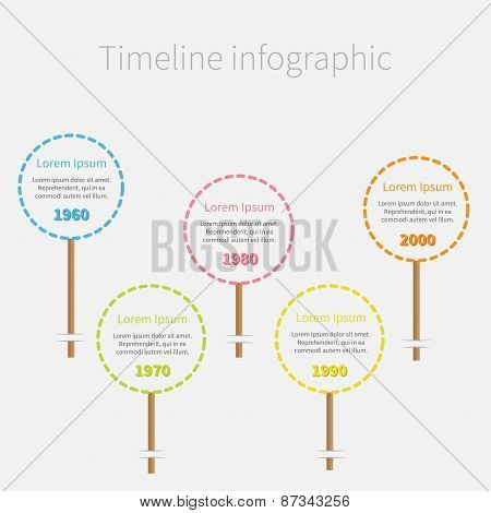 Big Dash Line Round Icons On Stick Timeline Infographic With Text. Template. Flat Design