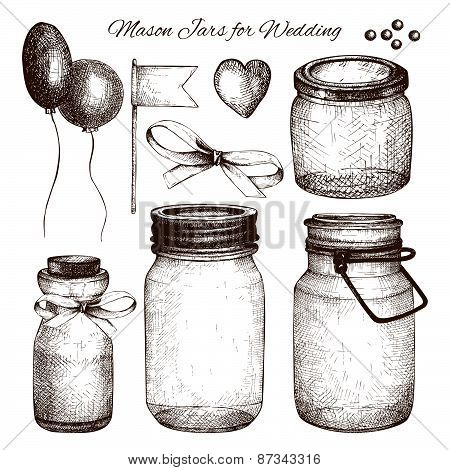 Vector collection of ink hand drawn mason jars
